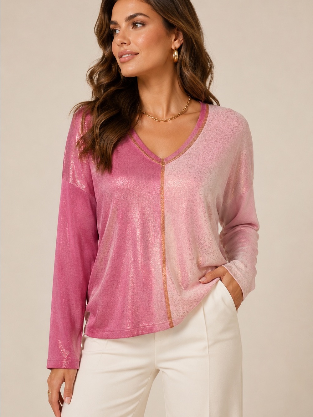 Carre Noir Gold Shimmer Ombre Lightweight Knit Long Sleeve Top Chic